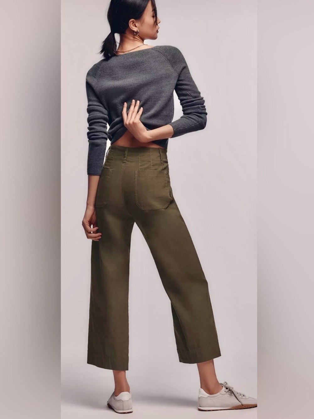 Anthropologie Maeve Pants Colette Magic Fabric Wide Leg Cropped in Olive Green - Picture 4 of 11